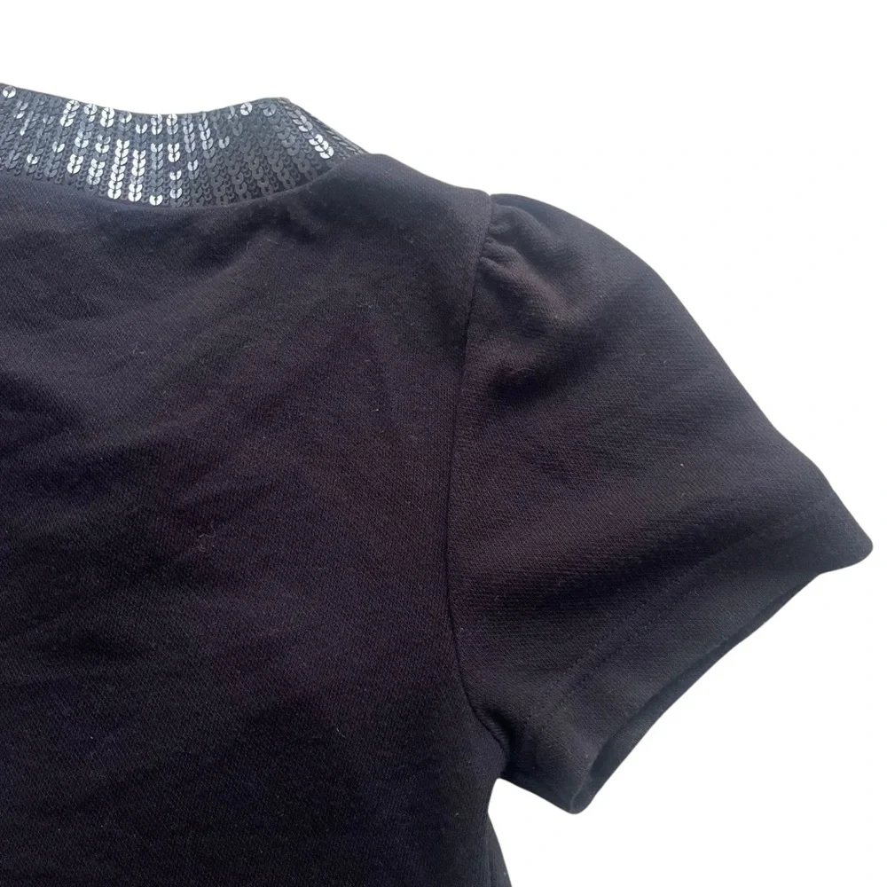 H&M Women’s Small Black Sequins Trim Short Puff Sleeve Tie Top Crop Y2K Cardigan
